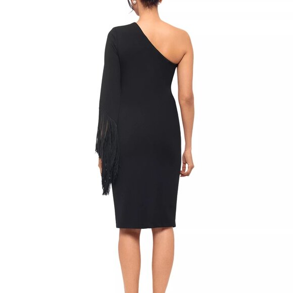 228$ AQUA Fringe Trim Asymmetric One Shoulder Bodycon Party Dress Size 4 Black - Picture 2 of 4